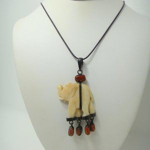 Elephant Pendant Necklace with Red Stone Dangles 925 Sterling Silver